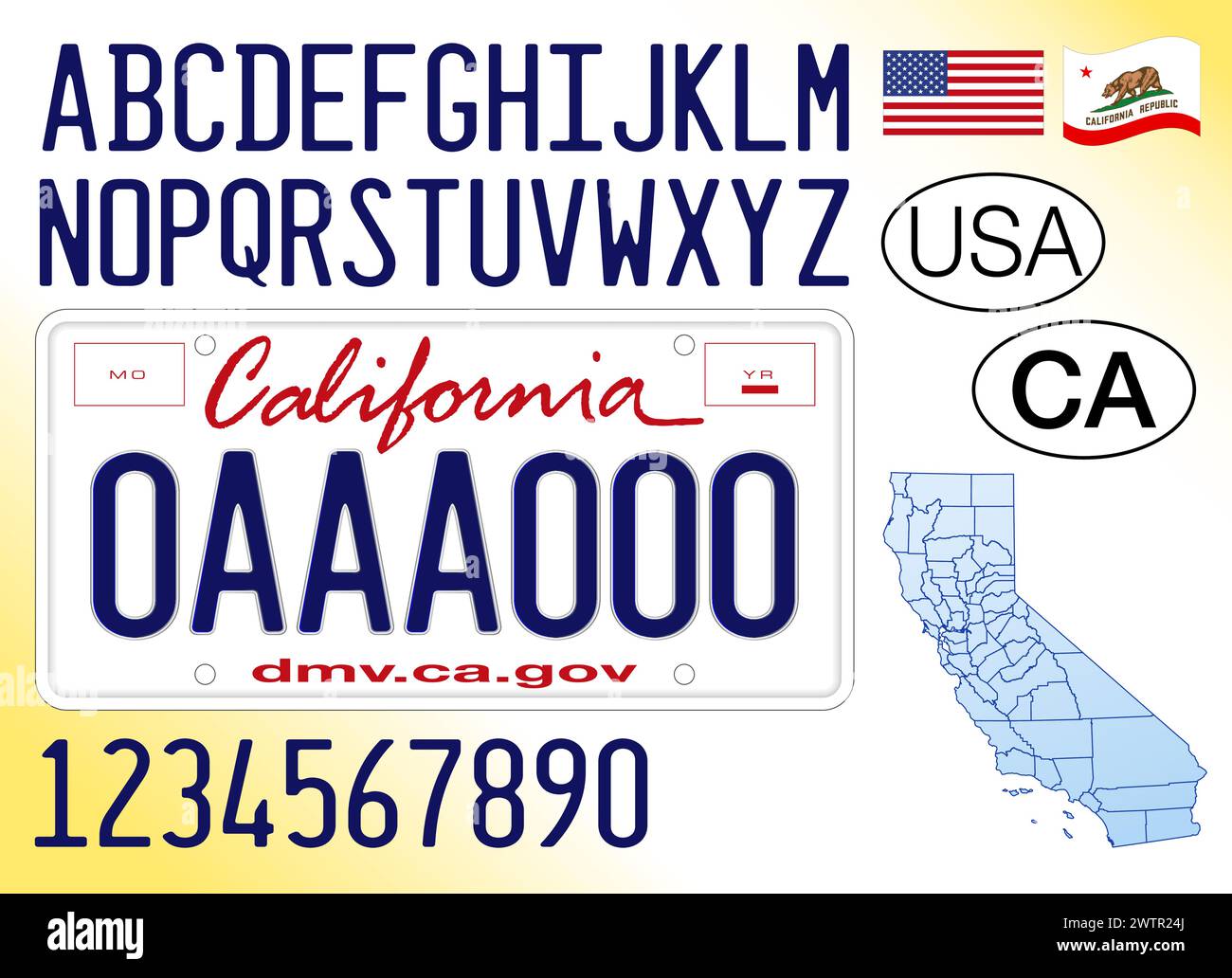 Targa della California, lettere, numeri e simboli, illustrazione vettoriale, Stati Uniti d'America Illustrazione Vettoriale