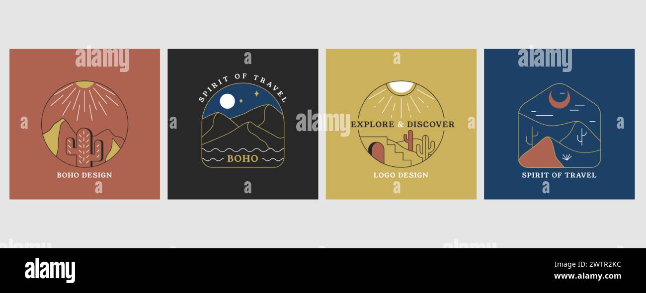 Emblemi boho lineari minimali vettoriali con cactus, deserto sabbioso, montagne, sole e luna. Logo Travel con paesaggi di montagna, scoppio del sole e scalinata. Distintivi moderni per le vacanze in stile bohémien. Illustrazione Vettoriale