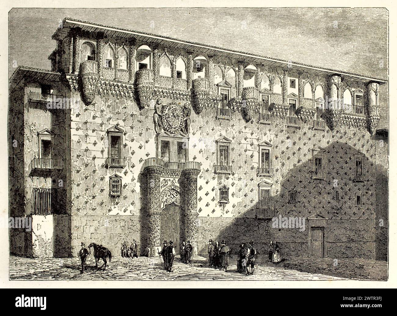 Vecchia illustrazione incisa della facciata del Palacio del Infantado, Guadalajara, Spagna. Creato da Blancatd, pubblicato su Magasin Pittoresque, Parigi, 1852. Foto Stock