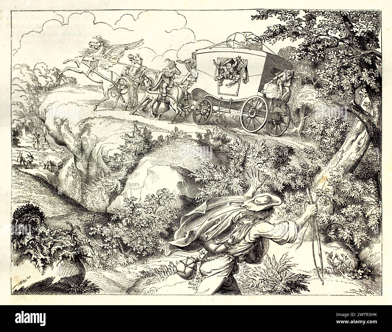 Vecchia illustrazione incisa di Pegasus sotto il giogo. Creato da Gagniet dopo Moritz Retzsch, pubblicato su Magasin Pittoresque, Parigi, 1852 Foto Stock