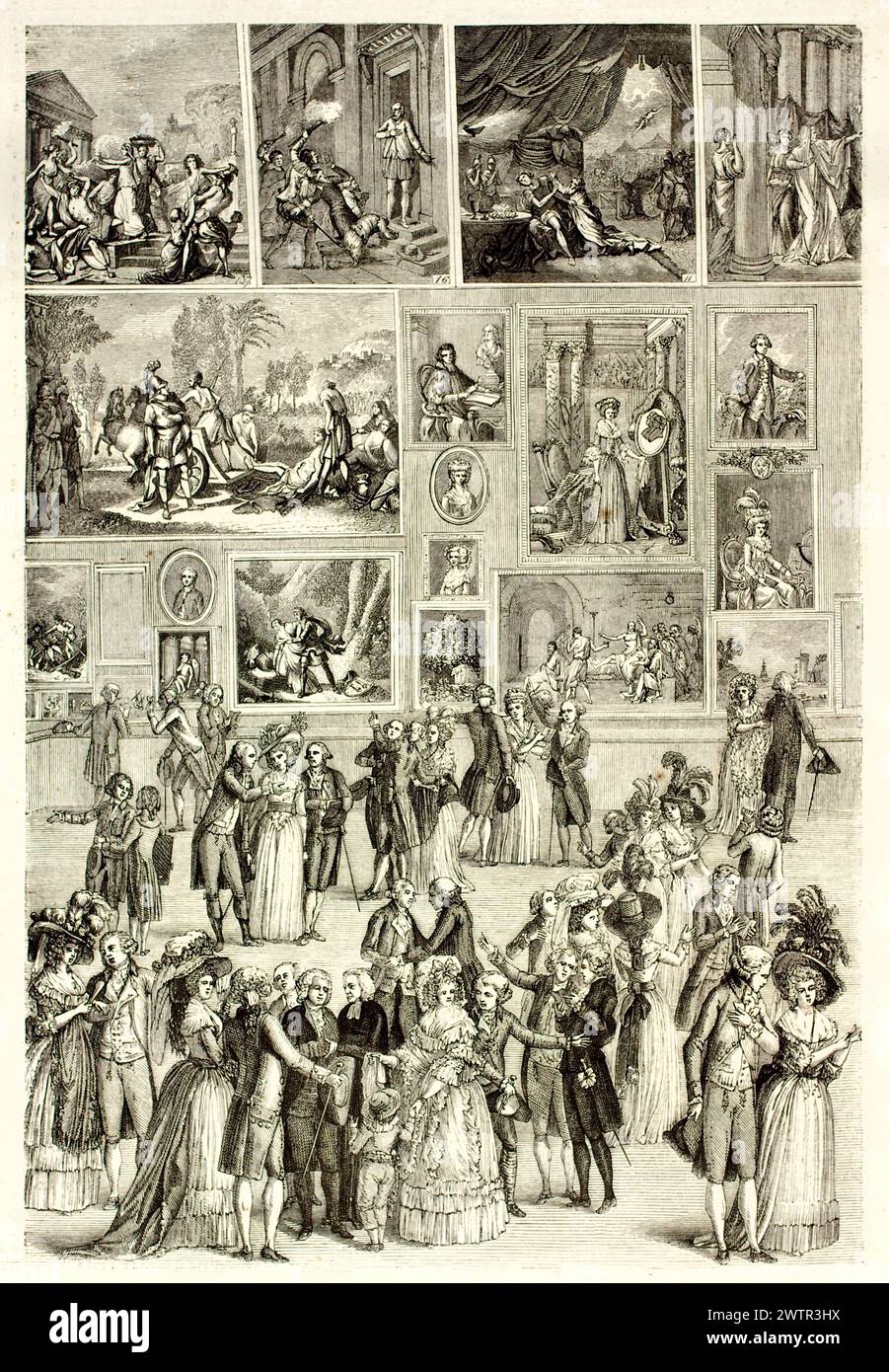 I visitatori eleganti ammirano i dipinti di un salone al Louvre, riccamente vestiti tra tele storiche. Illustrazione di Martini, 1852 Foto Stock