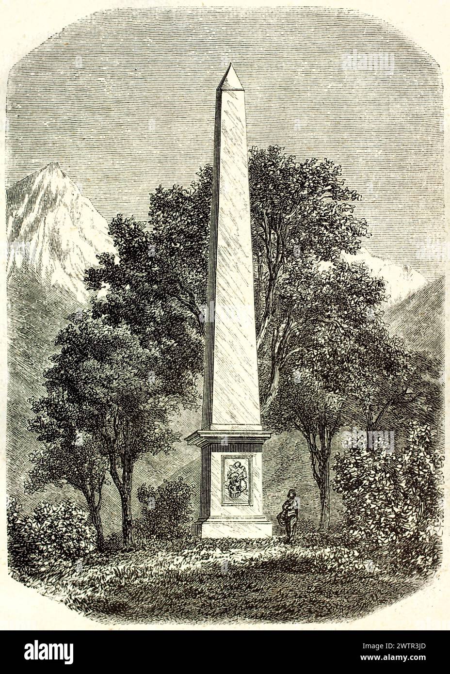 Veduta incisa del monumento a forma di obelisco dedicato al poeta Cyprien Despourrins, eretto ad Accous, nei Pirenei. Pubblicato su Magasin Pittoresque, 1852. Foto Stock