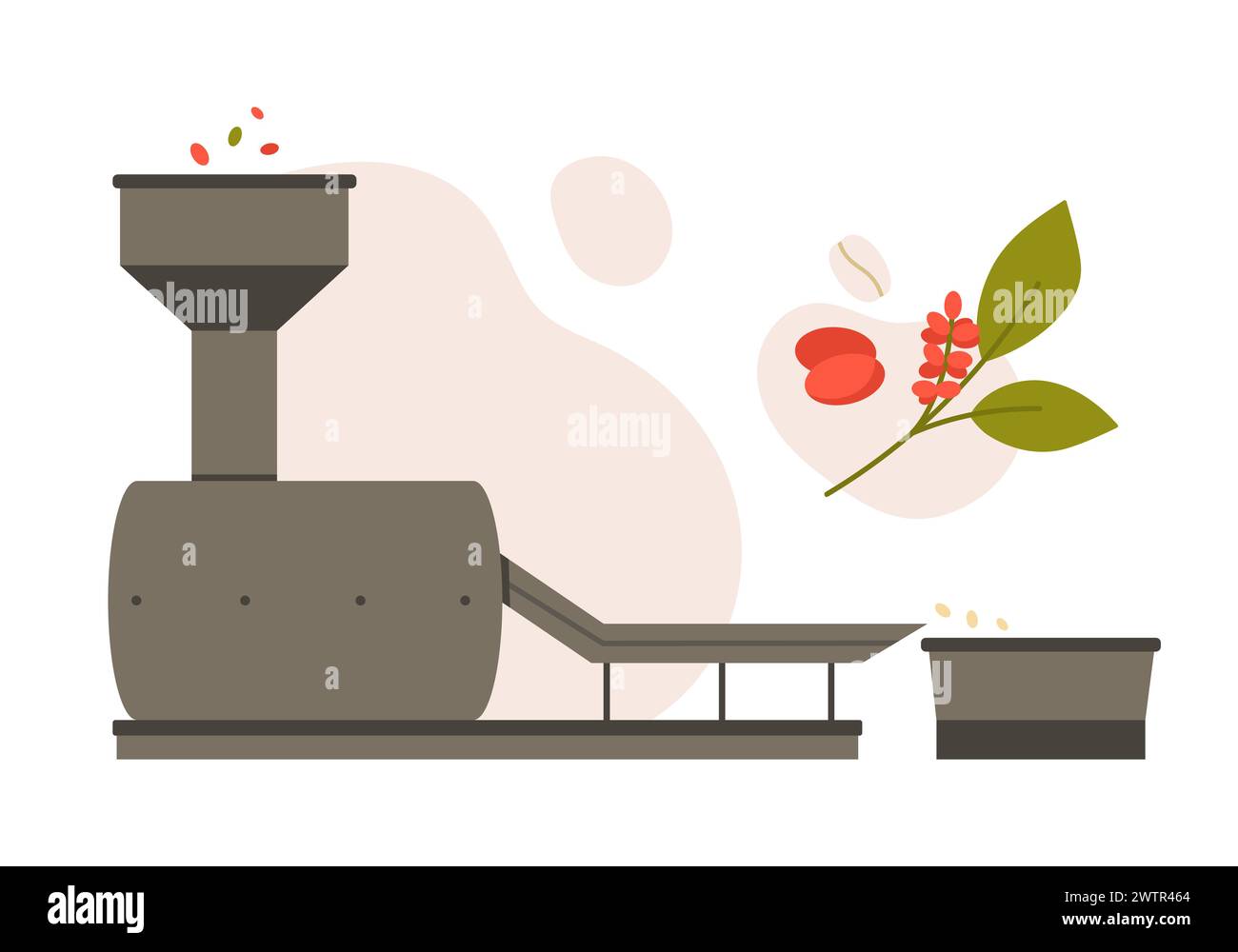 Macchina per la lavorazione dei chicchi di caffè. Illustrazione vettoriale del cartone animato per la produzione di caffè naturale Illustrazione Vettoriale