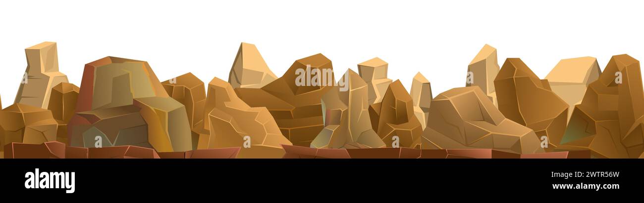 Cime di rocce. Catena montuosa di pietre e scogliere. Immagini in orizzontale senza interruzioni. Oggetto isolato su sfondo bianco. Illustrazione in stile cartoni animati Illustrazione Vettoriale