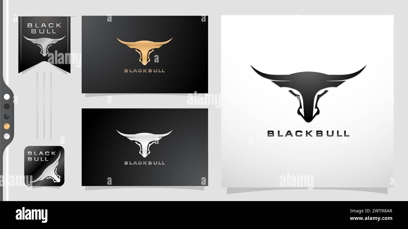 immagine di un toro nero o di un longhorn. applicabile al logo aziendale, all'agenzia e al marchio personale. design a variazione con colori oro e argento isolati Illustrazione Vettoriale