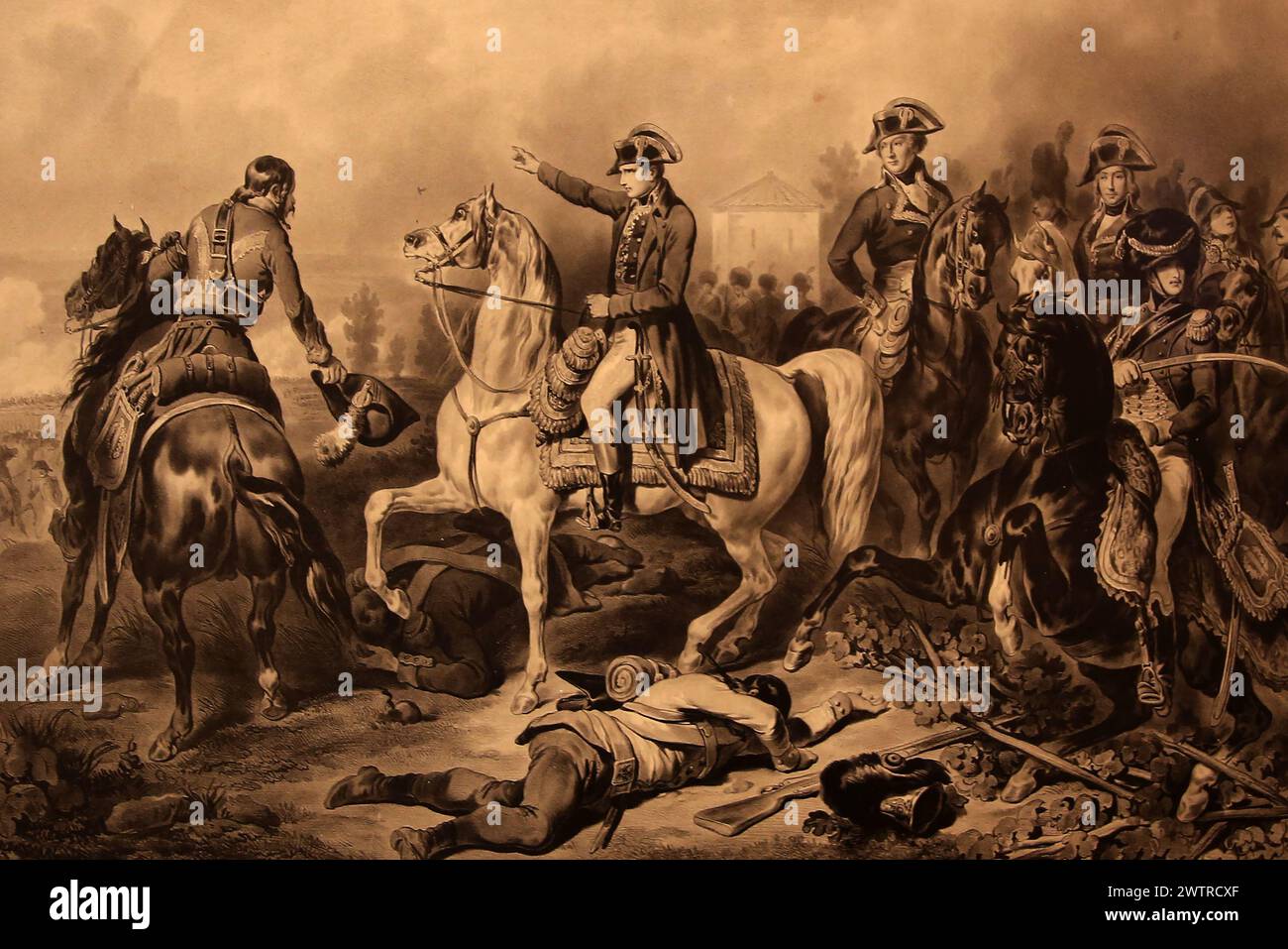 Italia. Occupazione francese / era rivoluzionaria 1796-1799. Napoleone nella battaglia di Marengo. Guerra della seconda coalizione. Giugno 1800 - litografia, c. 1860. Foto Stock