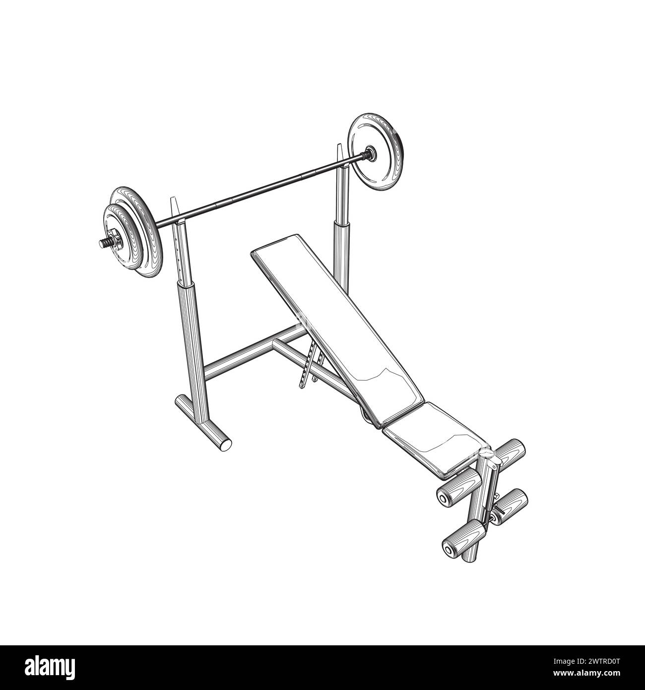 Profilo della panca e del barbell della palestra su supporto bianco isolato su sfondo bianco. Illustrazione vettoriale. Vettore line art di Barbell Bench Press. V. Isometrica Illustrazione Vettoriale