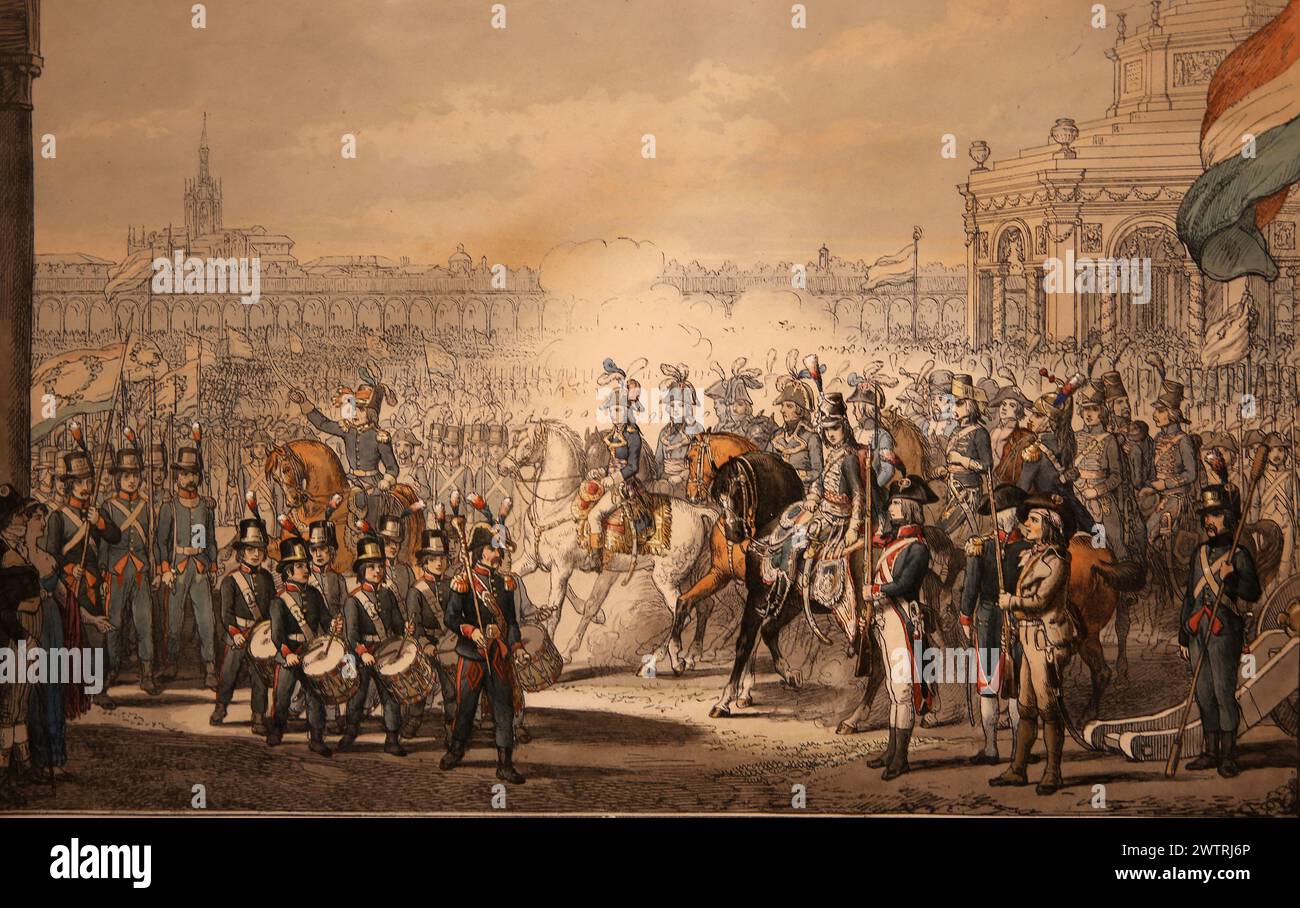 Repubblica Cisalpina (1792-18029. Napoleone ispeziona la milizia della Repubblica Cisalpina. (Giugno 1797). Litografia. R. Rocosi, 1845. Foto Stock