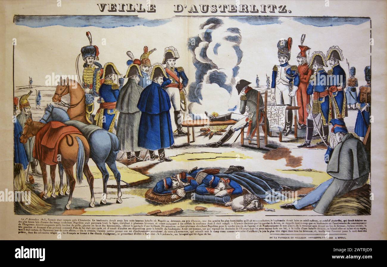 Battaglia di Austerlitz o battaglia dei tre imperatori. Dicembre 1805. Napoleone la sera prima di Auterlitz. Incisione di F. Georgin, XIX secolo. Foto Stock