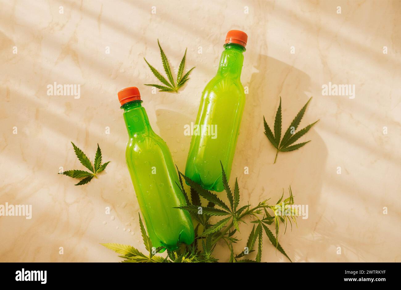 Due bottiglie di succo di plastica su un tavolo di marmo con foglie di cannabis. Mock-up di bottiglie trasparenti con bevande verdi sane e canapa. Foto Stock