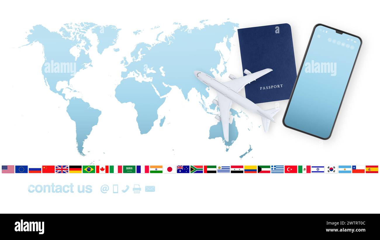 Vista dall'alto del passaporto con aereo e telefono cellulare sullo sfondo della mappa mondiale con bandiere e icone di contatto, ufficio di supporto per viaggi internazionali b Foto Stock