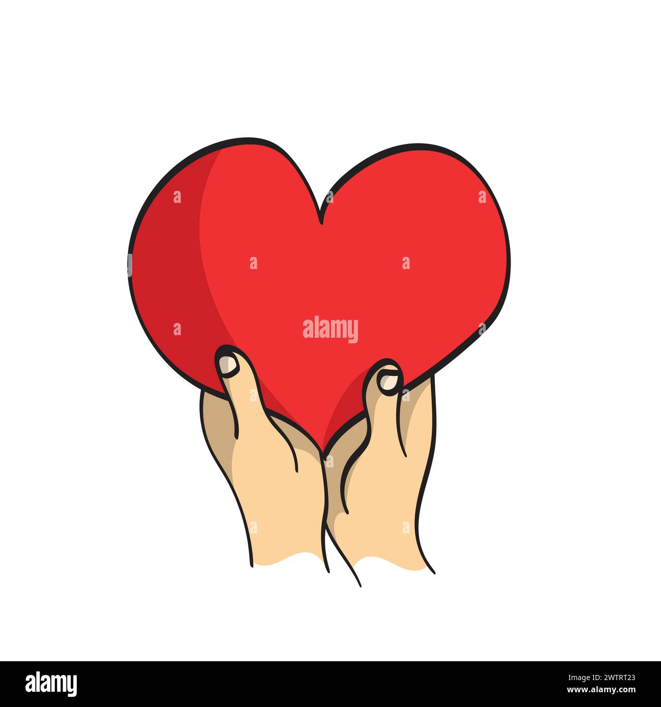 Mani che tengono o danno un grande vettore di illustrazione a cuore rosso disegnato a mano isolato su sfondo bianco. Illustrazione Vettoriale