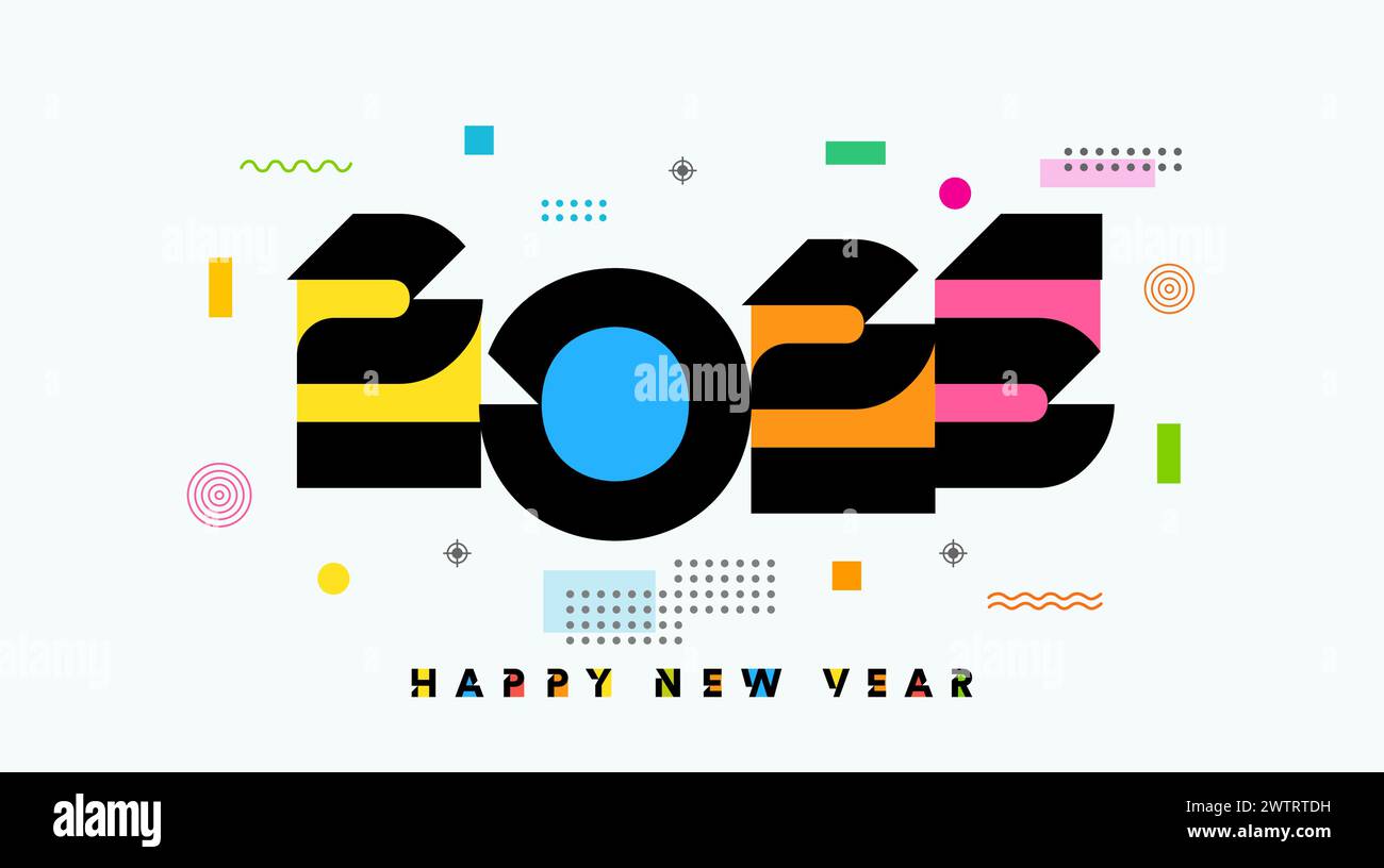 Buon anno 2025 logo colorato ed elementi in stile memphis. Concetto aziendale Capodanno 2025 per banner, biglietti d'auguri o copertina del calendario. Vettore Illustrazione Vettoriale