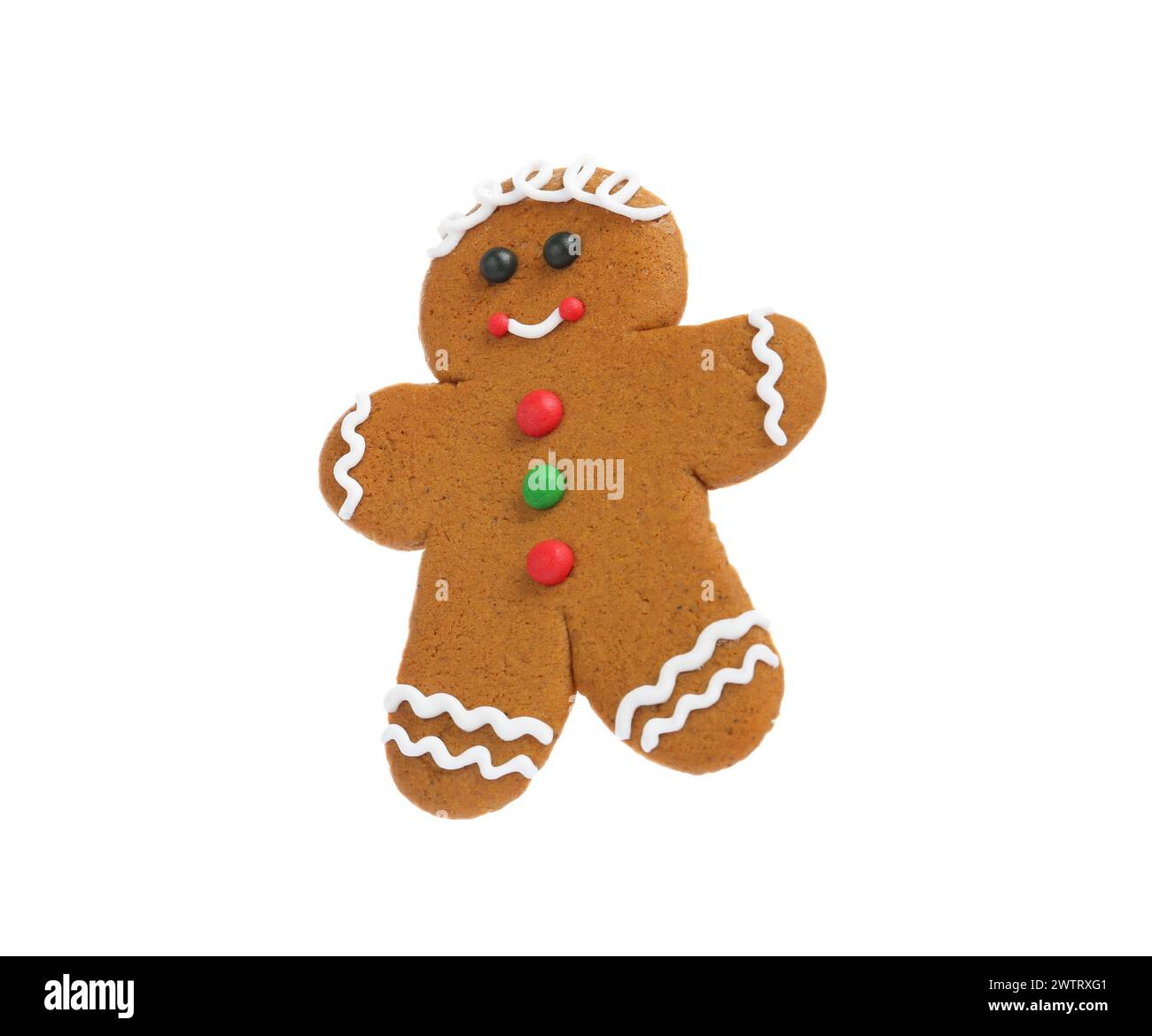 Biscotto di Natale a forma di uomo di pan di zenzero isolato su bianco Foto Stock