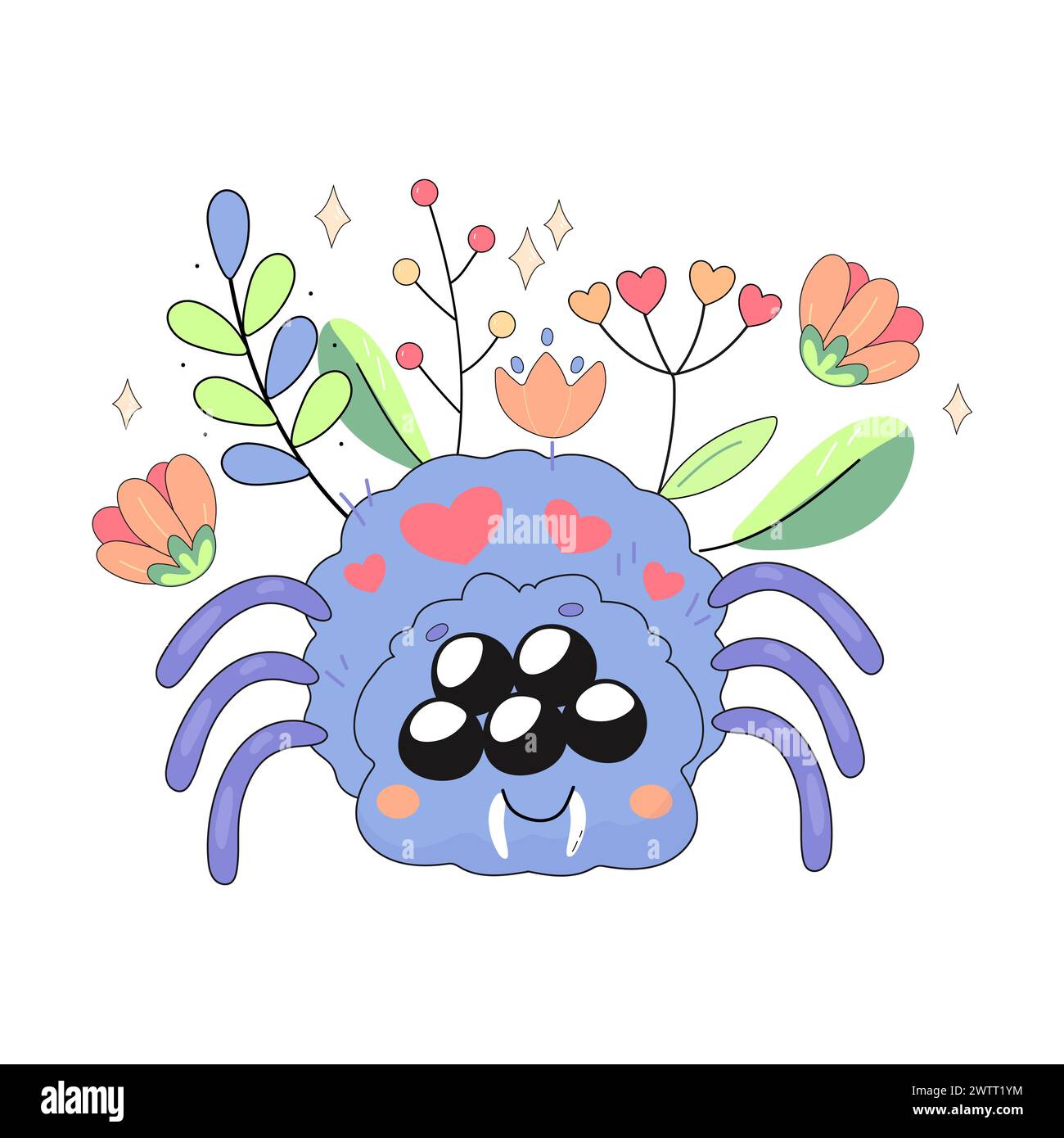 grazioso ragno viola con fiori, concept, cartone animato, insetto personaggio per bambini per la stampa di t-shirt, cartoline, design Illustrazione Vettoriale