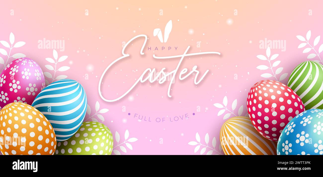 Banner di Pasqua con uovo colorato e scritte tipografiche su sfondo rosa chiaro. Celebrazione religiosa cristiana internazionale Illustrazione Vettoriale