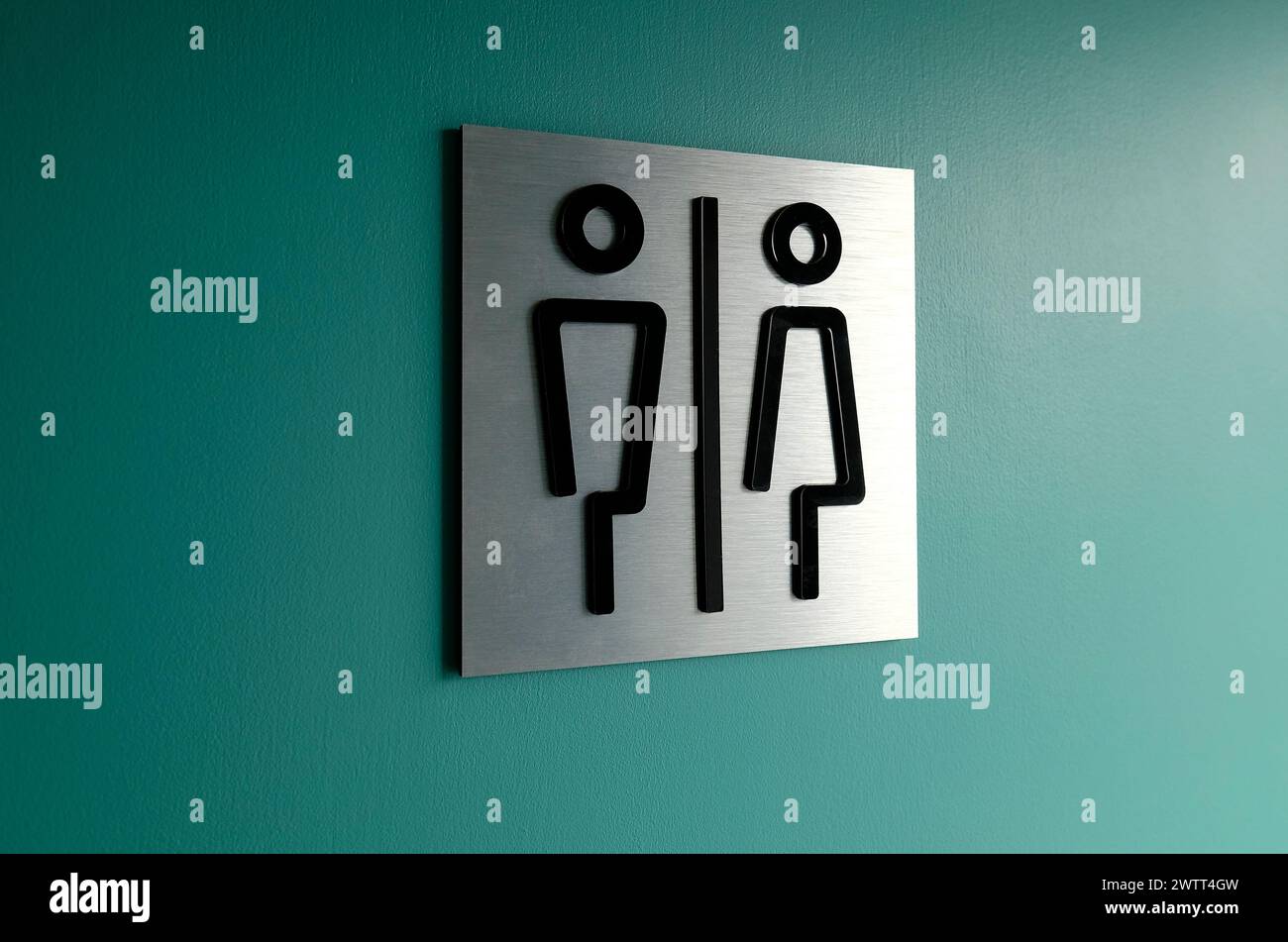 moderno, contemporaneo, insegna del bagno maschile e femminile sulla porta verde Foto Stock