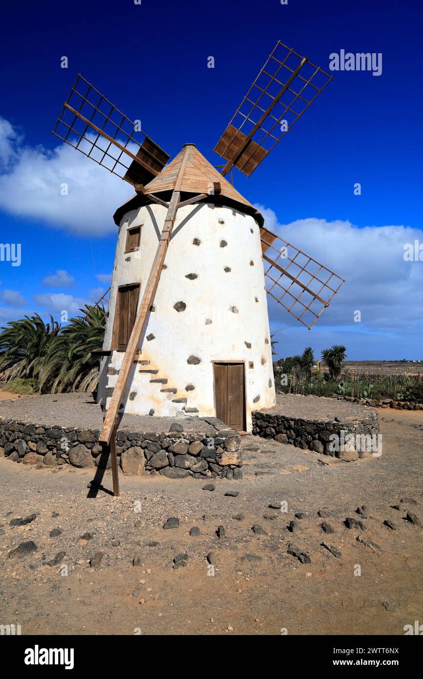 Mulino a vento El Roque vicino a El Cotillo, Fuerteventura, Isole Canarie, Spagna. Foto Stock