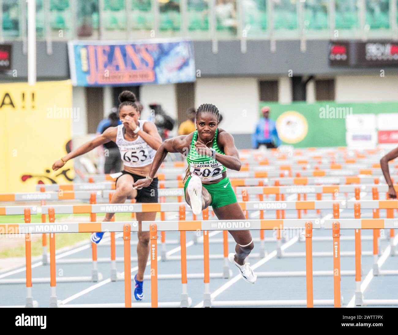 TOBI AMUSAN, ATHLETICS, 100M OSTACOLI DONNA ROUND 1 HEAT, PARTITE AFRICANE, GHANA 2023 Foto Stock