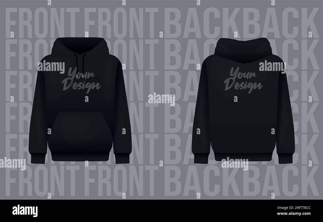 Felpa nera con cappuccio per uomini. Mockup dei jumper realistico. Modello di abbigliamento con cappuccio a manica lunga Illustrazione Vettoriale