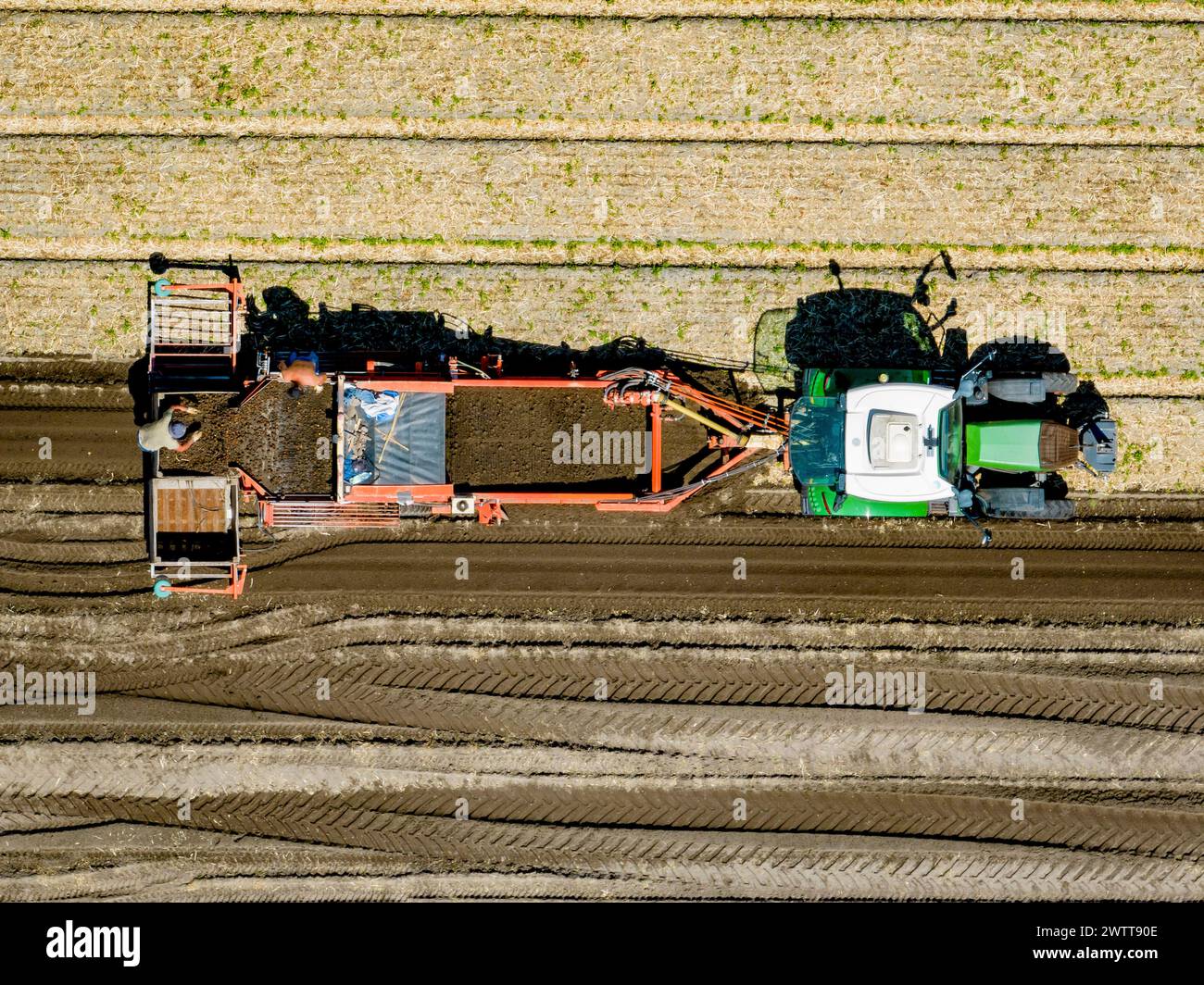 Vista aerea di un trattore che ara un campo agricolo Foto Stock