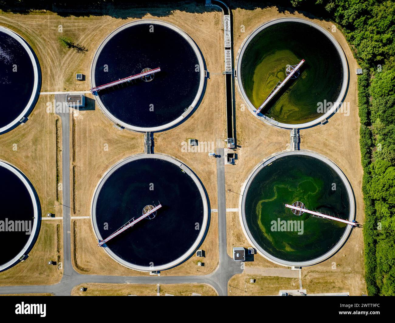 Vista aerea dei serbatoi circolari per il trattamento dell'acqua Foto Stock