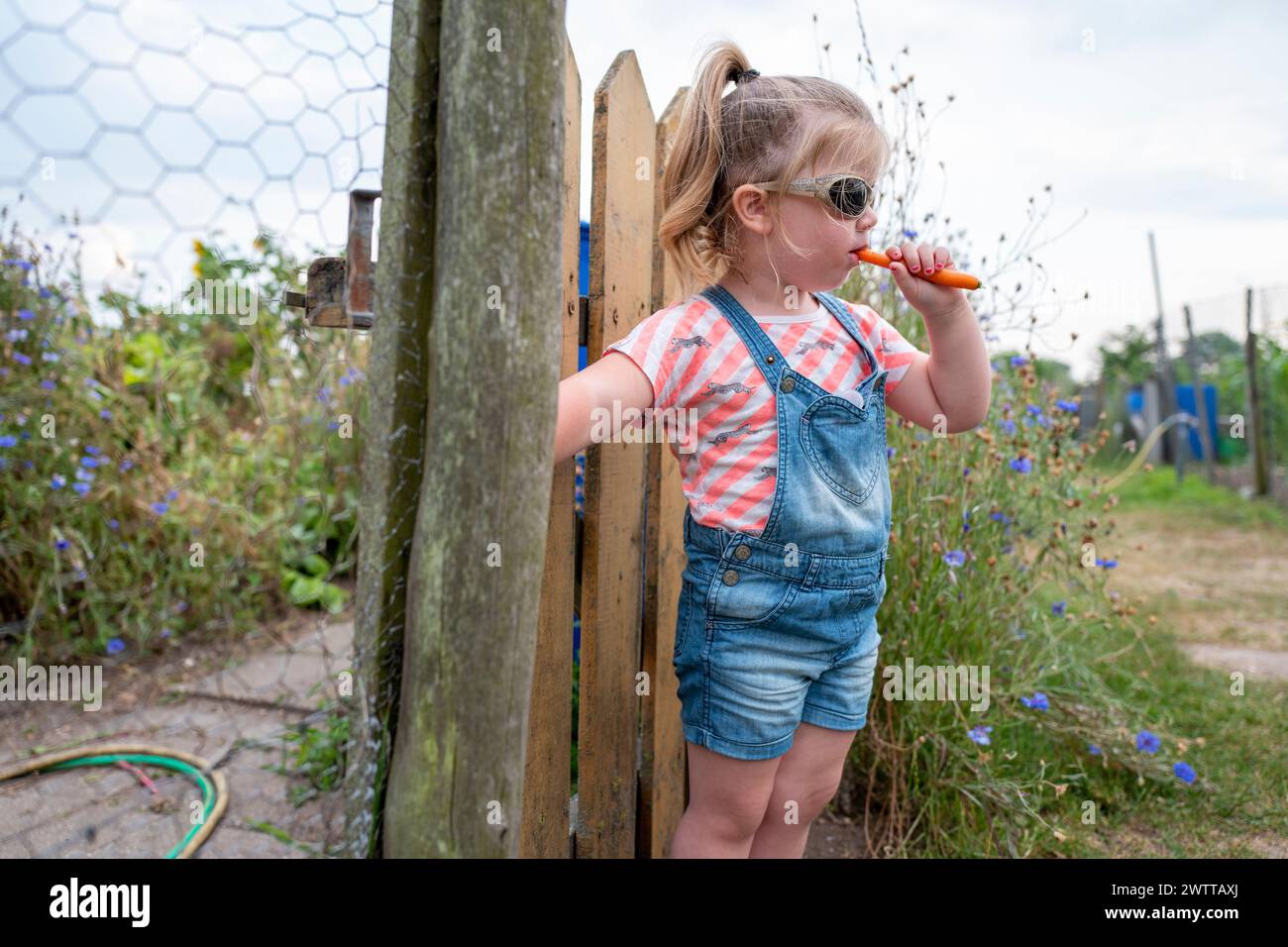 Una ragazza che si diverte con un lecca lecca all'aperto in una giornata di sole. Foto Stock