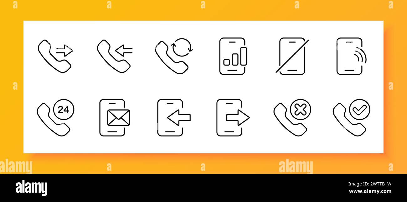 Set icone chiamata. Smartphone, contatto, messaggio, notifica, suono, suoneria, audio. Icona nera su sfondo bianco. Icona della linea vettoriale per l'azienda e. Illustrazione Vettoriale