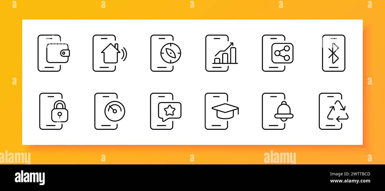 Set di icone smartphone. Portafoglio elettronico, bussola, condivisione, bluetooth, blocco, preferiti, bell. Icona nera su sfondo bianco. Icona della linea vettoriale per il busin Illustrazione Vettoriale