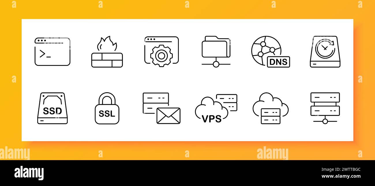 Set di icone Internet. SSD, dispositivo di archiviazione, server, host, rete locale, VPS, DNS, sito web, firewall. Icona nera su sfondo bianco. Icona della linea vettoriale f Illustrazione Vettoriale