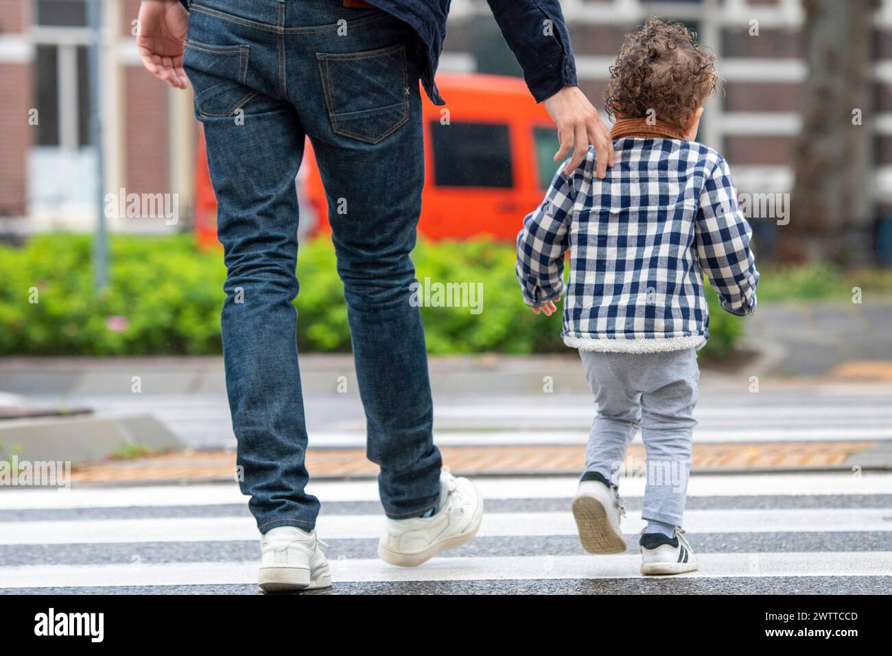 Un genitore e un bambino che si tengono per mano attraversando la strada insieme. Foto Stock