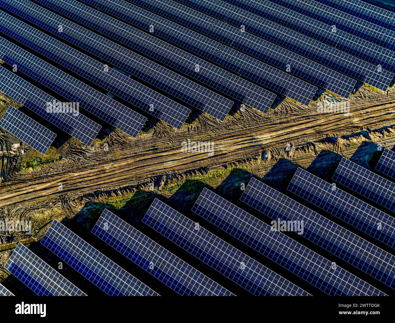 Vista aerea di una fattoria solare con pannelli geometrici accanto ai campi coltivati. Foto Stock