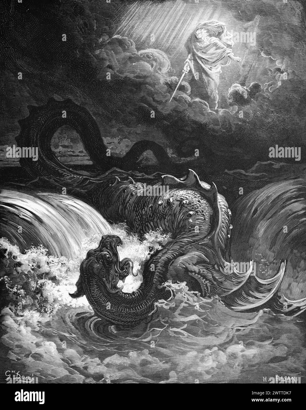 Caduta del Leviatano, profezia secondo Isaia 27, Antico Testamento, Bibbia, ilustration storico 1886 Foto Stock