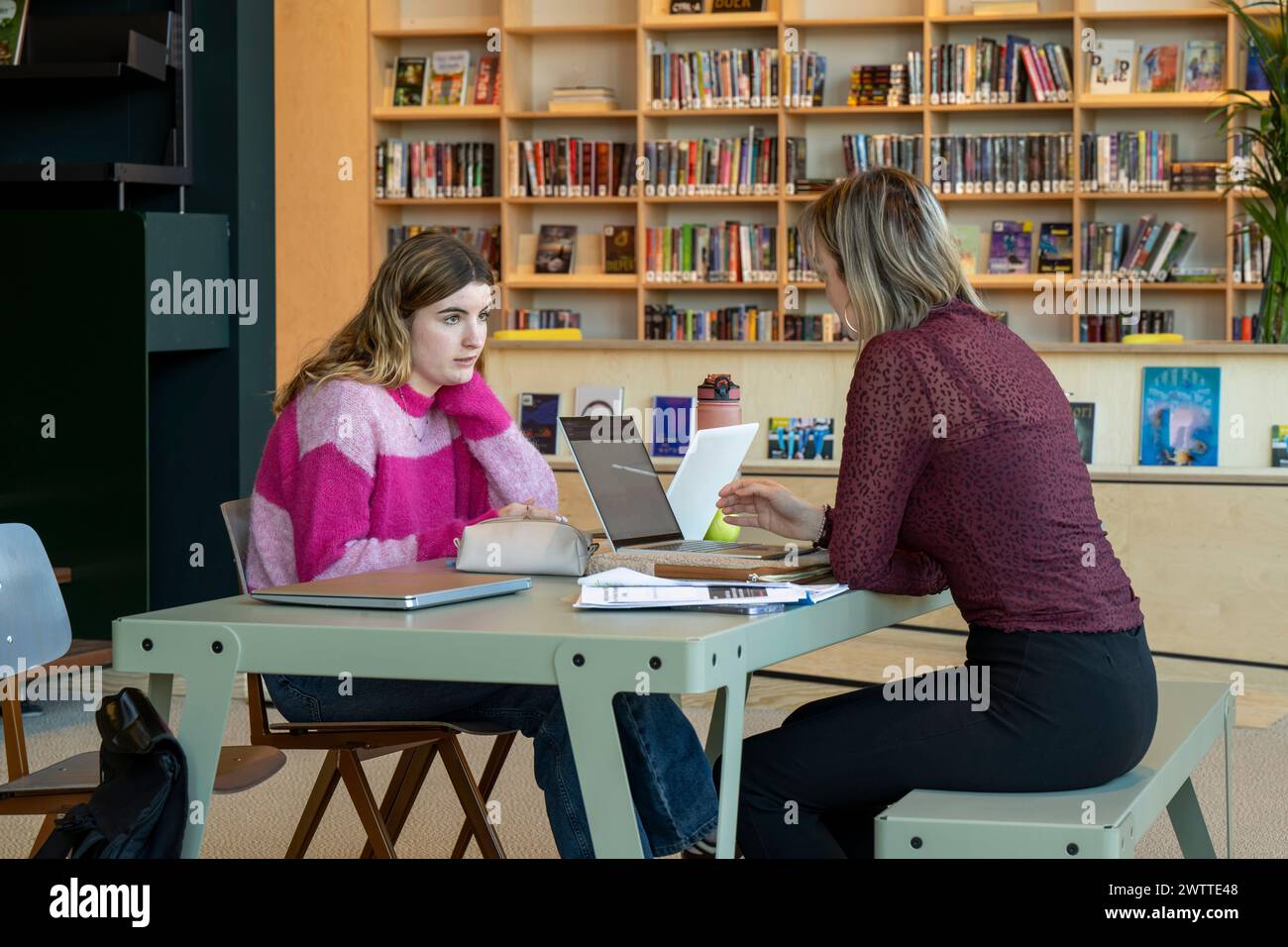 Due persone in una sessione di studio mirata a un tavolo della biblioteca. Foto Stock