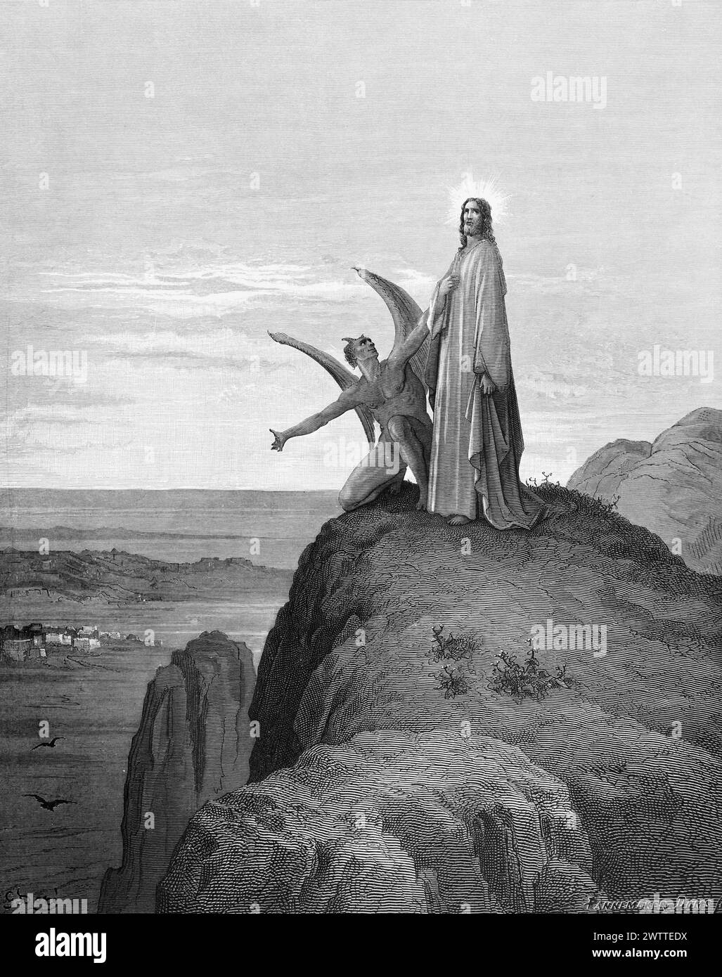 Gesù è tentato dal diavolo nel deserto, nuovo Testamento, Bibbia, Vangelo secondo Matteo 3, ilustration storico 1886 Foto Stock