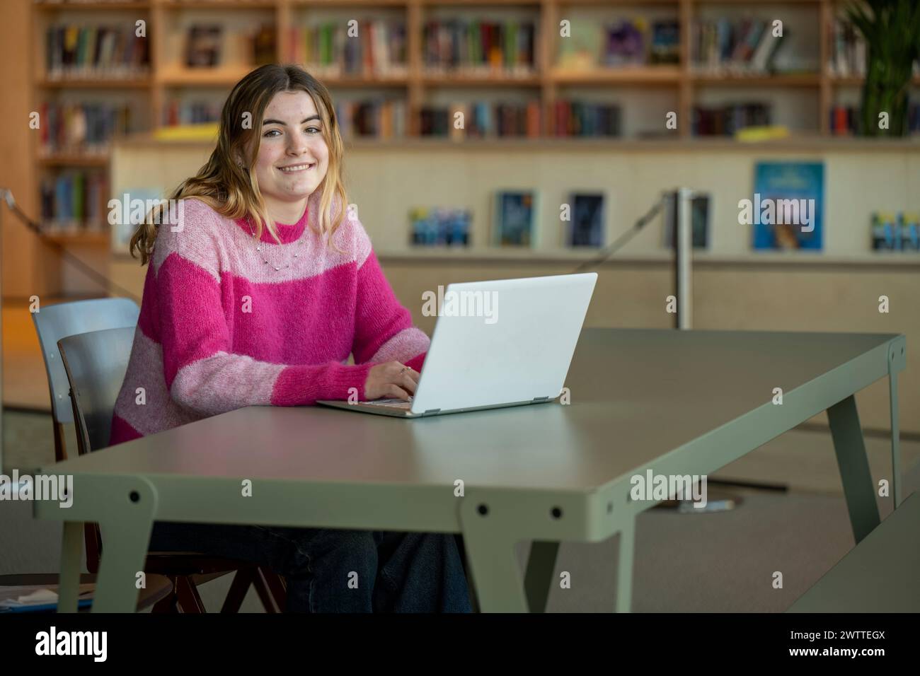 Giovane donna sorridente al suo portatile in una libreria. Foto Stock