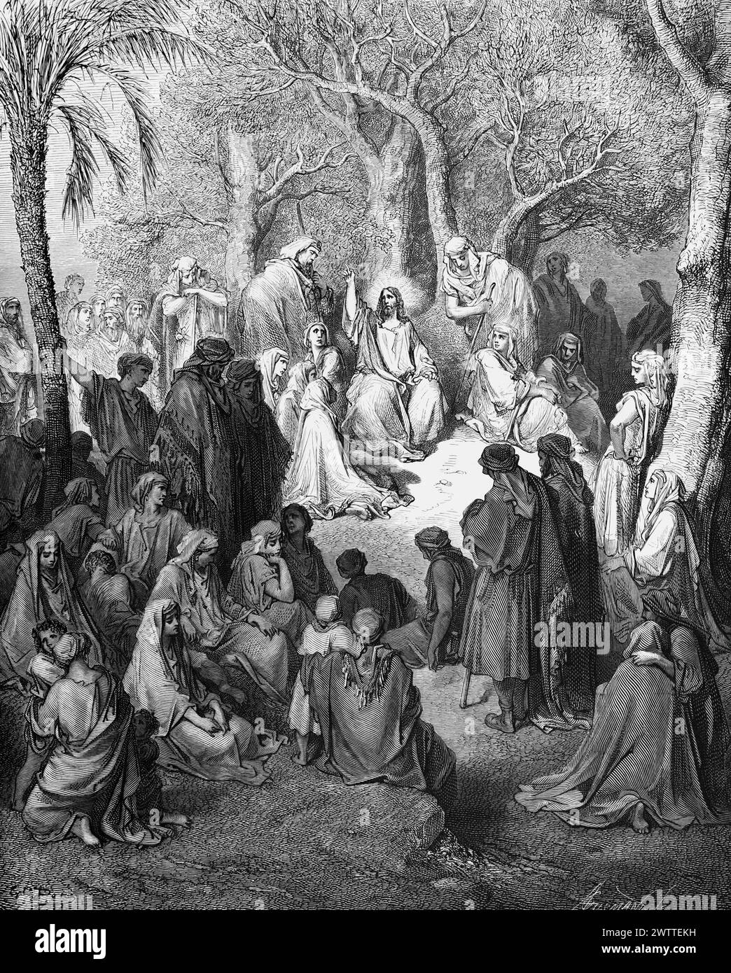 Il sermone sulla montagna, l'Antico Testamento, la Bibbia, il Vangelo secondo Matteo 5, ilustration storico 1886 Foto Stock