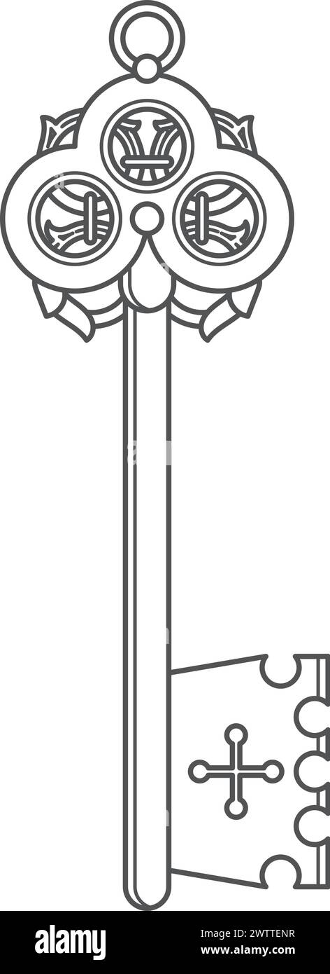 Icona linea chiave medievale. Retro decorato in metallo Illustrazione Vettoriale