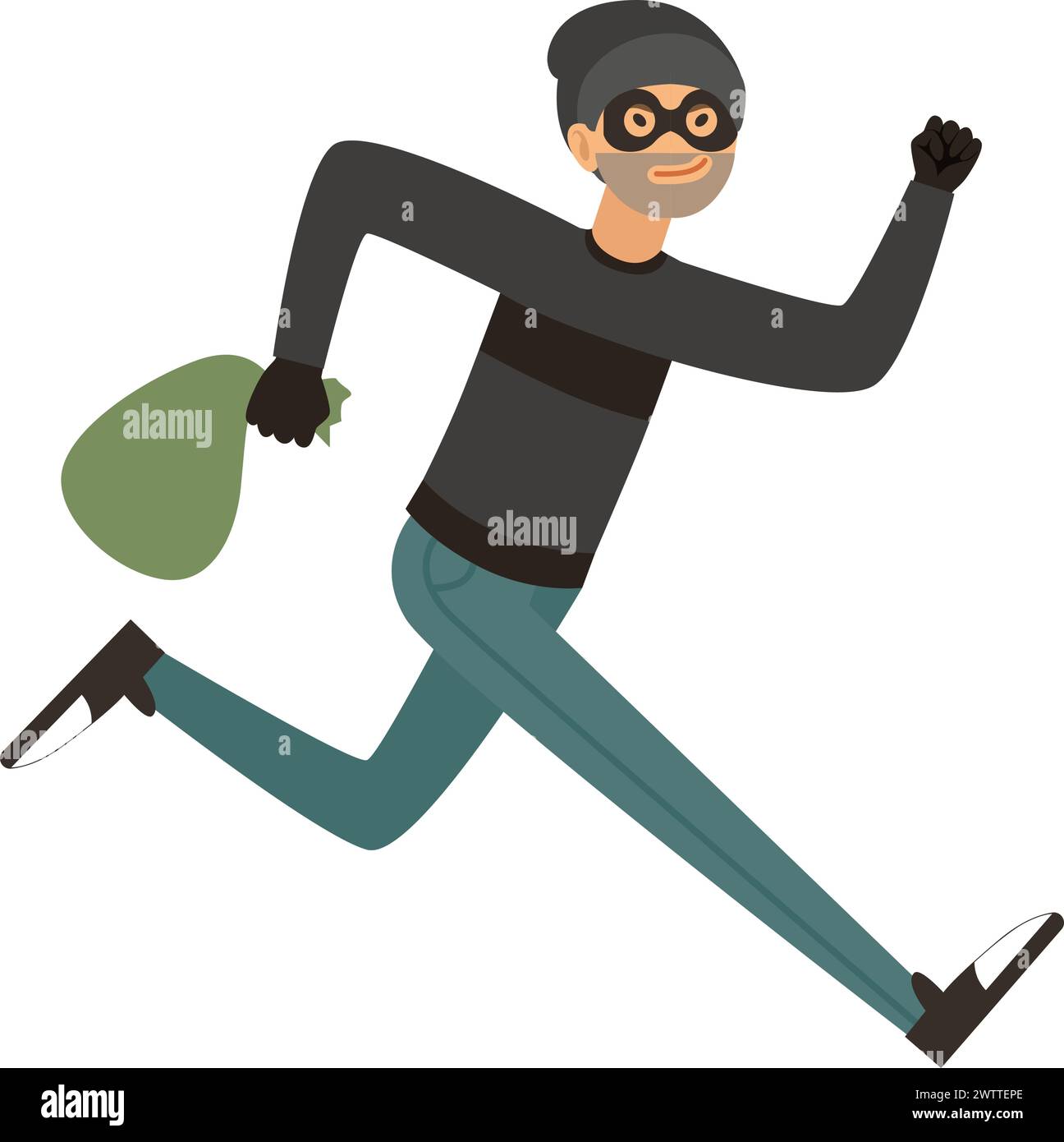 Ladro che corre con i soldi. Rubare o rapinare la mascotte criminale Illustrazione Vettoriale