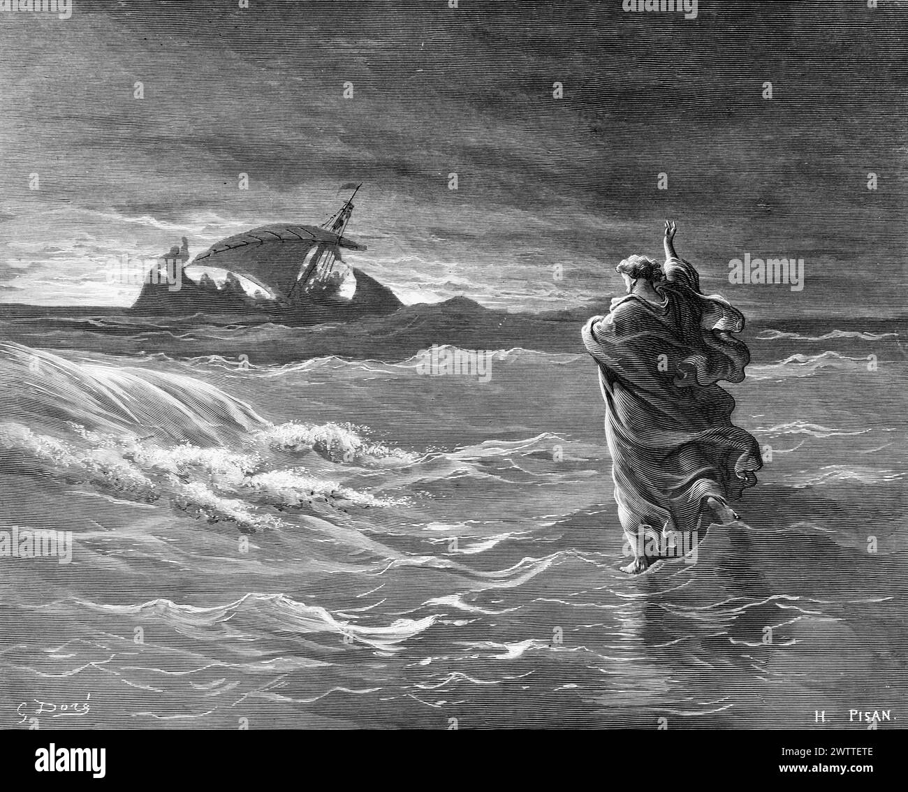 Gesù che cammina sull'acqua, Antico Testamento, Bibbia, Vangelo secondo Matteo 14, ilustration storico 1886 Foto Stock