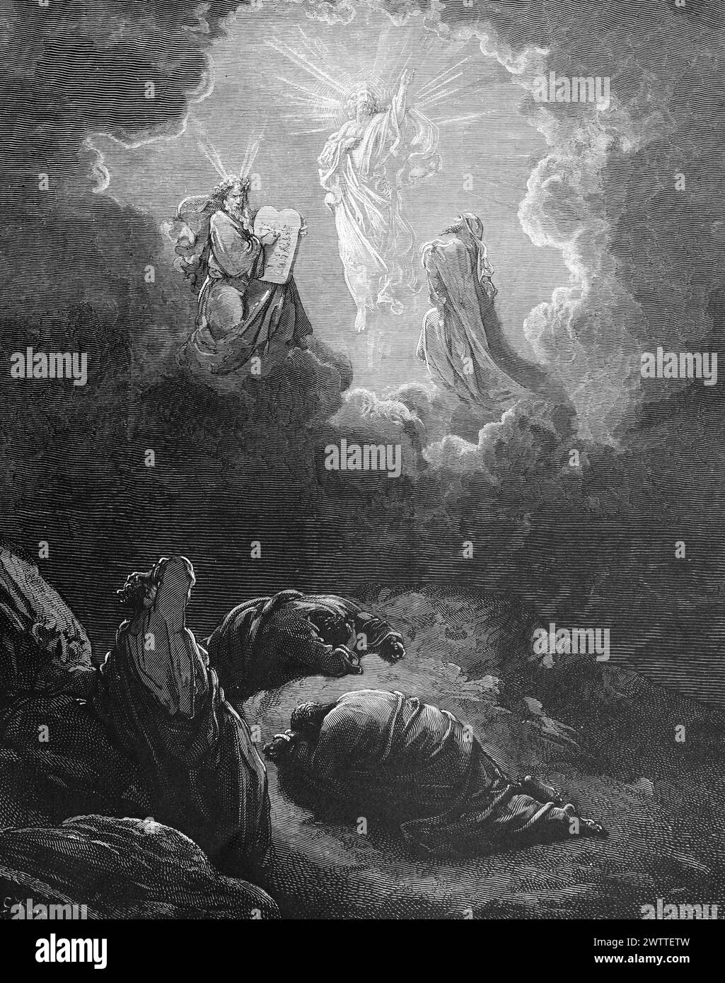 La Trasfigurazione di Cristo, l'Antico Testamento, la Bibbia, il Vangelo secondo Matteo 17 , ilustration storico 1886 Foto Stock