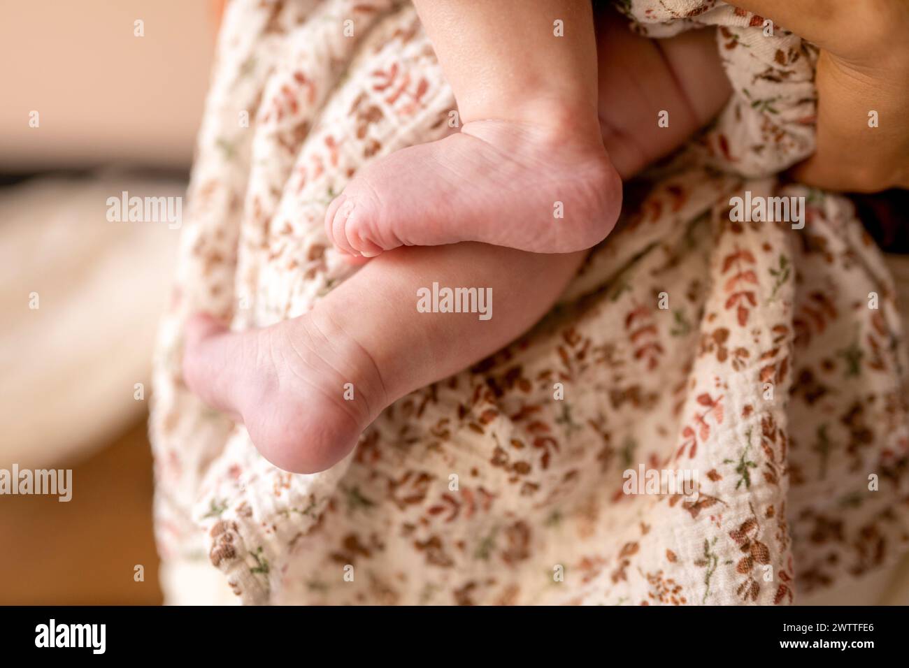 Piccoli piedi racchiusi tra braccia amorevoli. Foto Stock