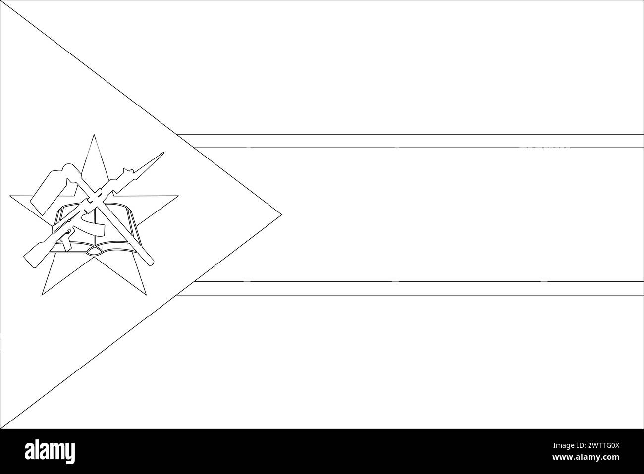 Bandiera Mozambico - struttura a reticolo vettoriale nera sottile isolata su sfondo bianco. Pronto per la colorazione. Illustrazione Vettoriale