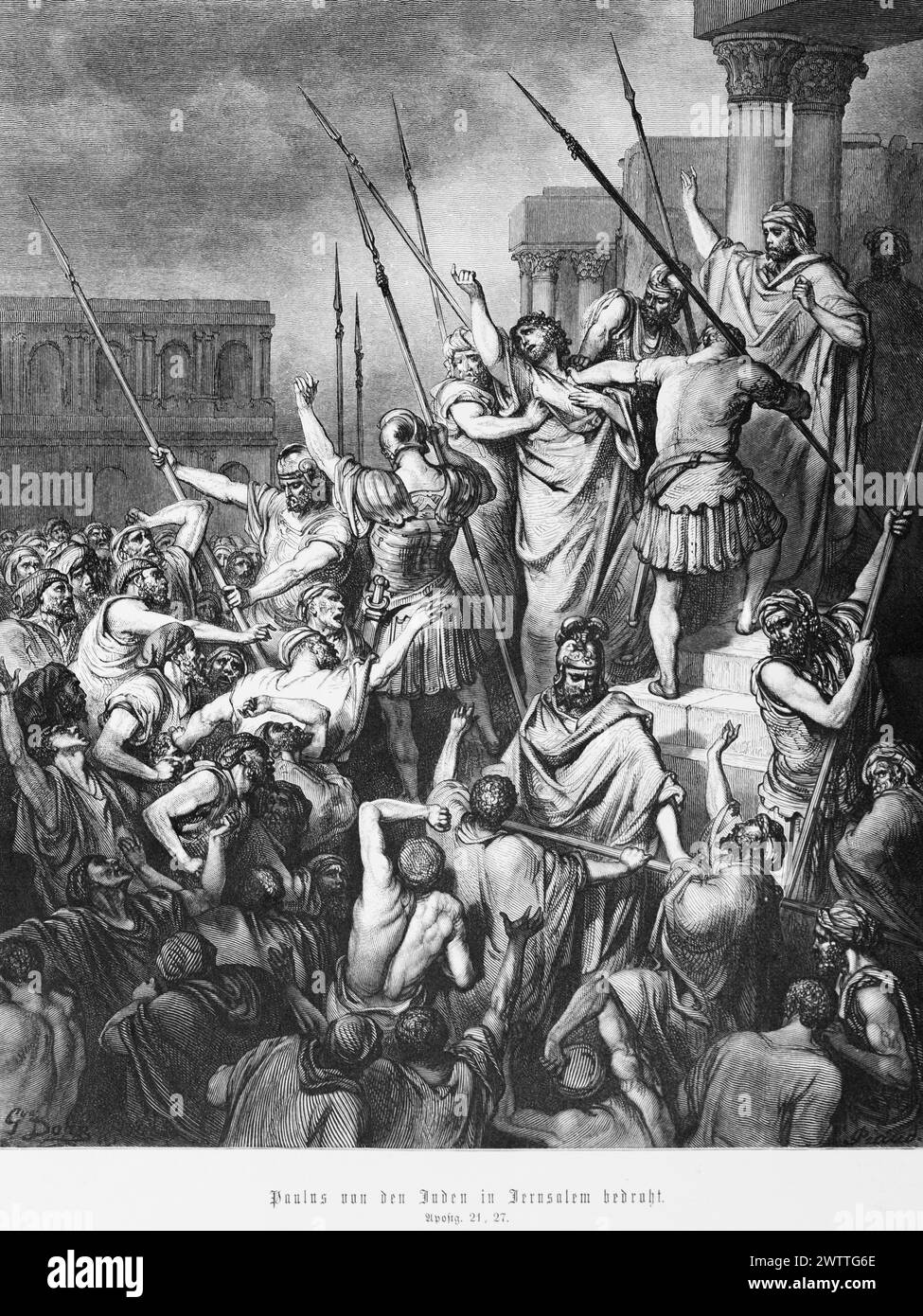 Paolo attaccato dagli ebrei a Gerusalemme, atti degli apostoli 21, nuovo Testamemt, Bibbia, illustrazione storica 1886 Foto Stock