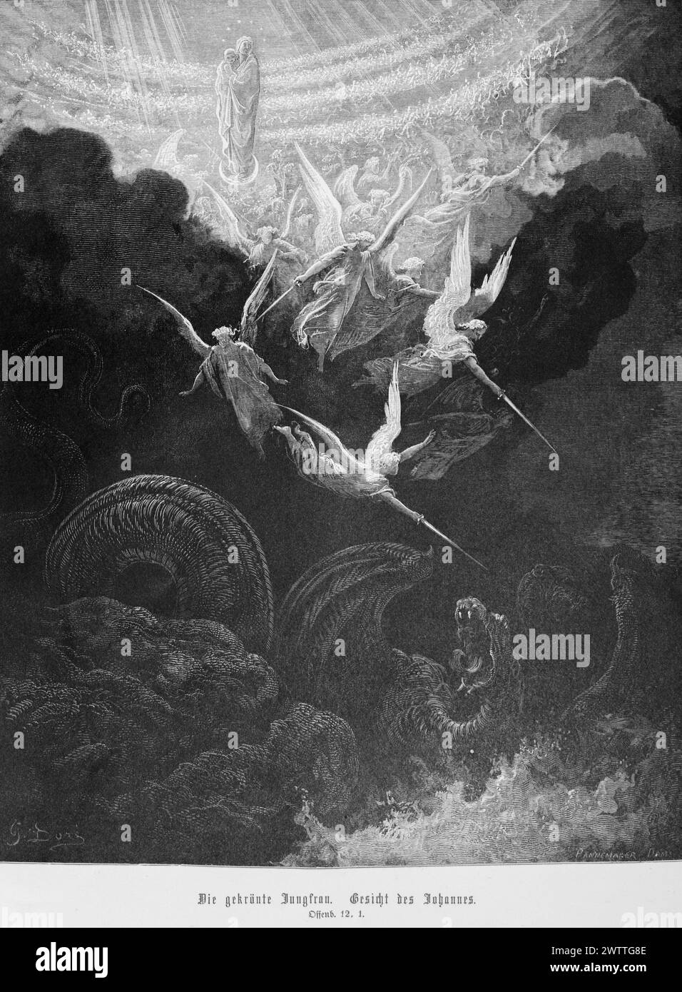 La vergine incoronata, il volto di Giovanni, Apocalisse 12, nuovo Testamemt, Bibbia, illustrazione storica 1886 Foto Stock