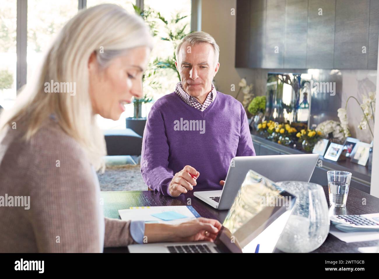 Adulti maturi che lavorano con notebook in casa Foto Stock