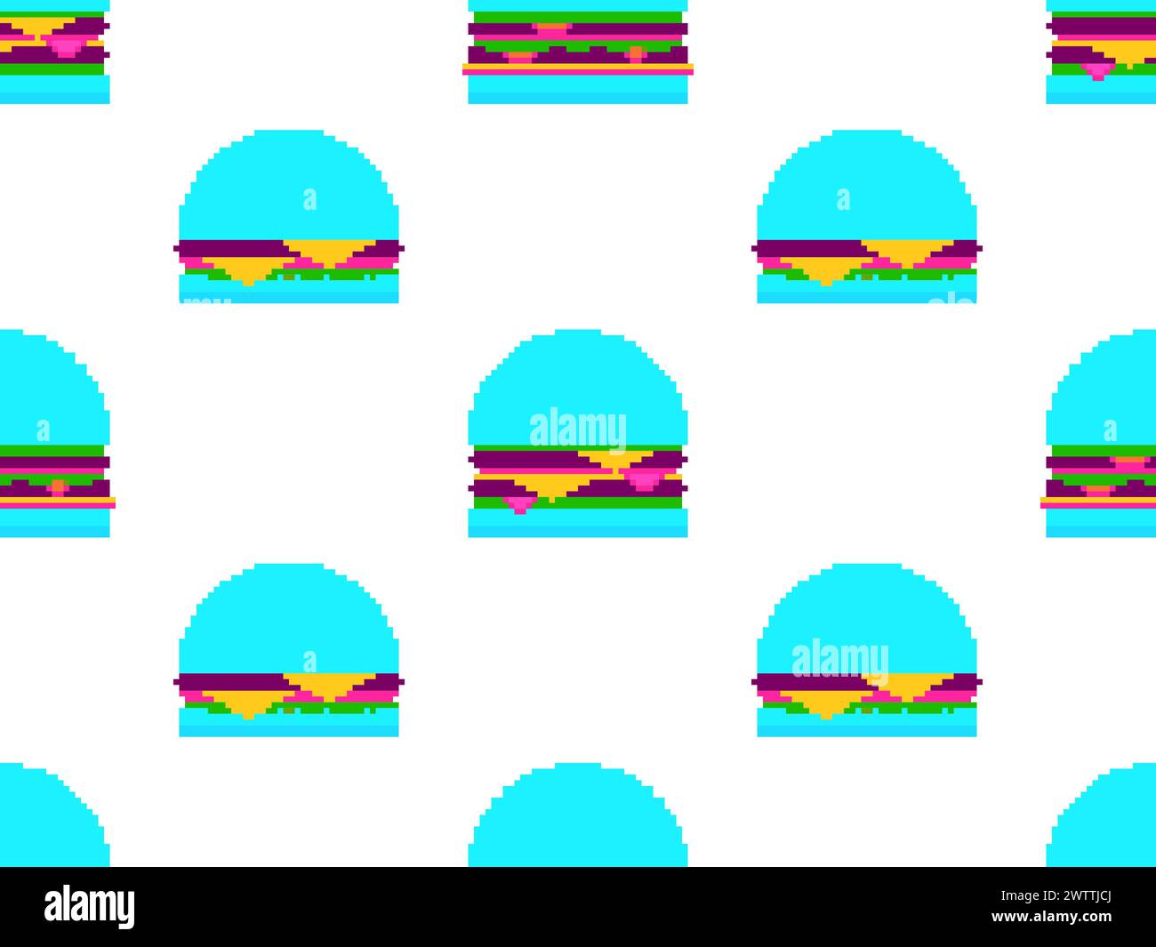 Pattern senza cuciture con hamburger in stile pixel art. Cheeseburger e hamburger con due cotolette e formaggio. fast food a 8 bit in stile retrò da Illustrazione Vettoriale