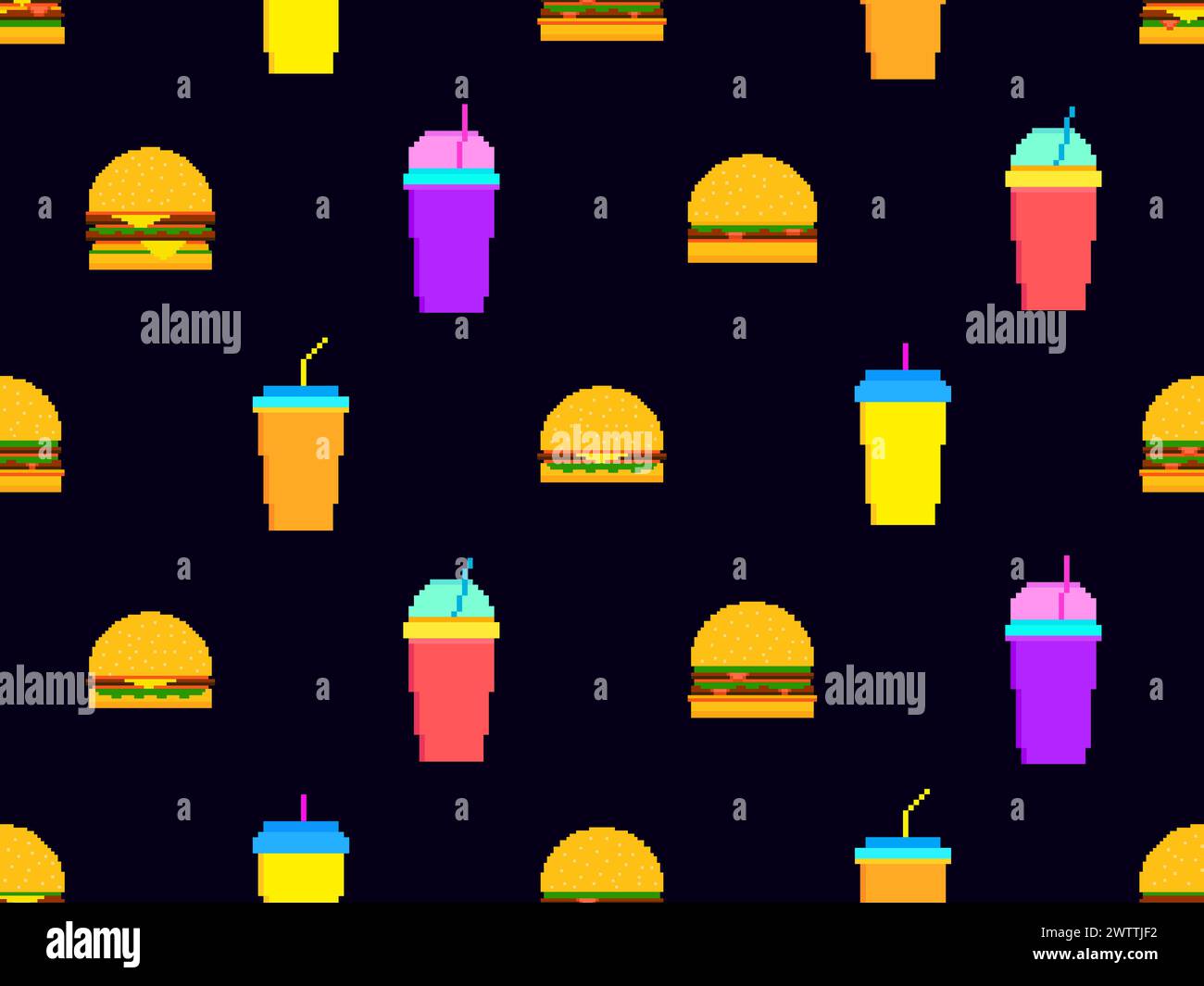 Pattern senza interruzioni con hamburger pixel e soda. Bicchieri di carta con bevande gassate. Cheeseburger, hamburger e bevande analcoliche gassate in pixel art Illustrazione Vettoriale
