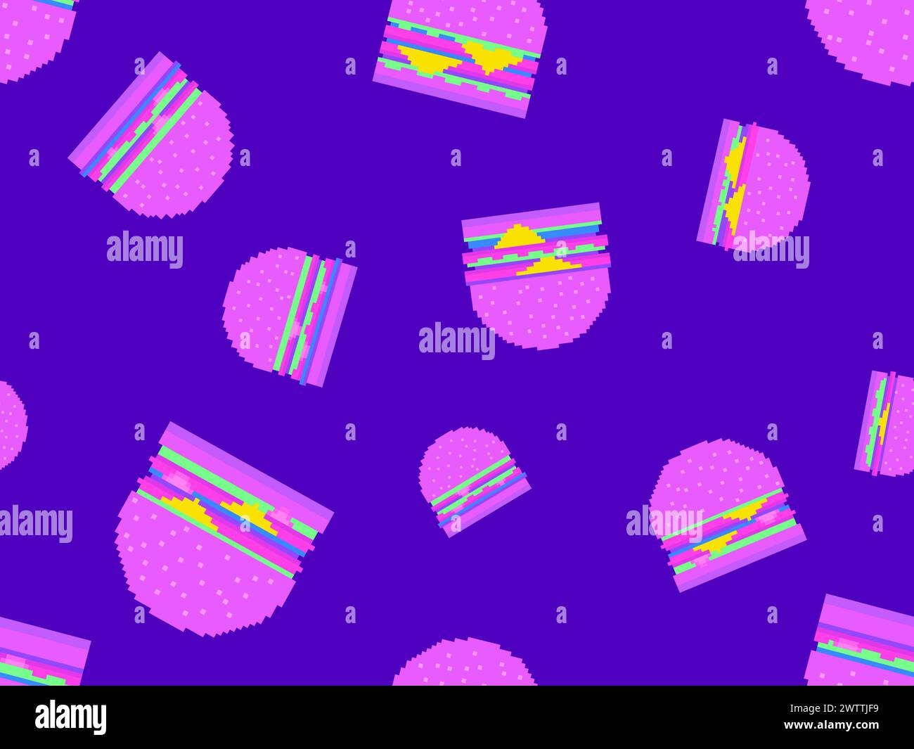 Pattern senza cuciture con hamburger in stile pixel art. Cheeseburger e hamburger con due cotolette e formaggio. fast food a 8 bit in stile retrò da Illustrazione Vettoriale