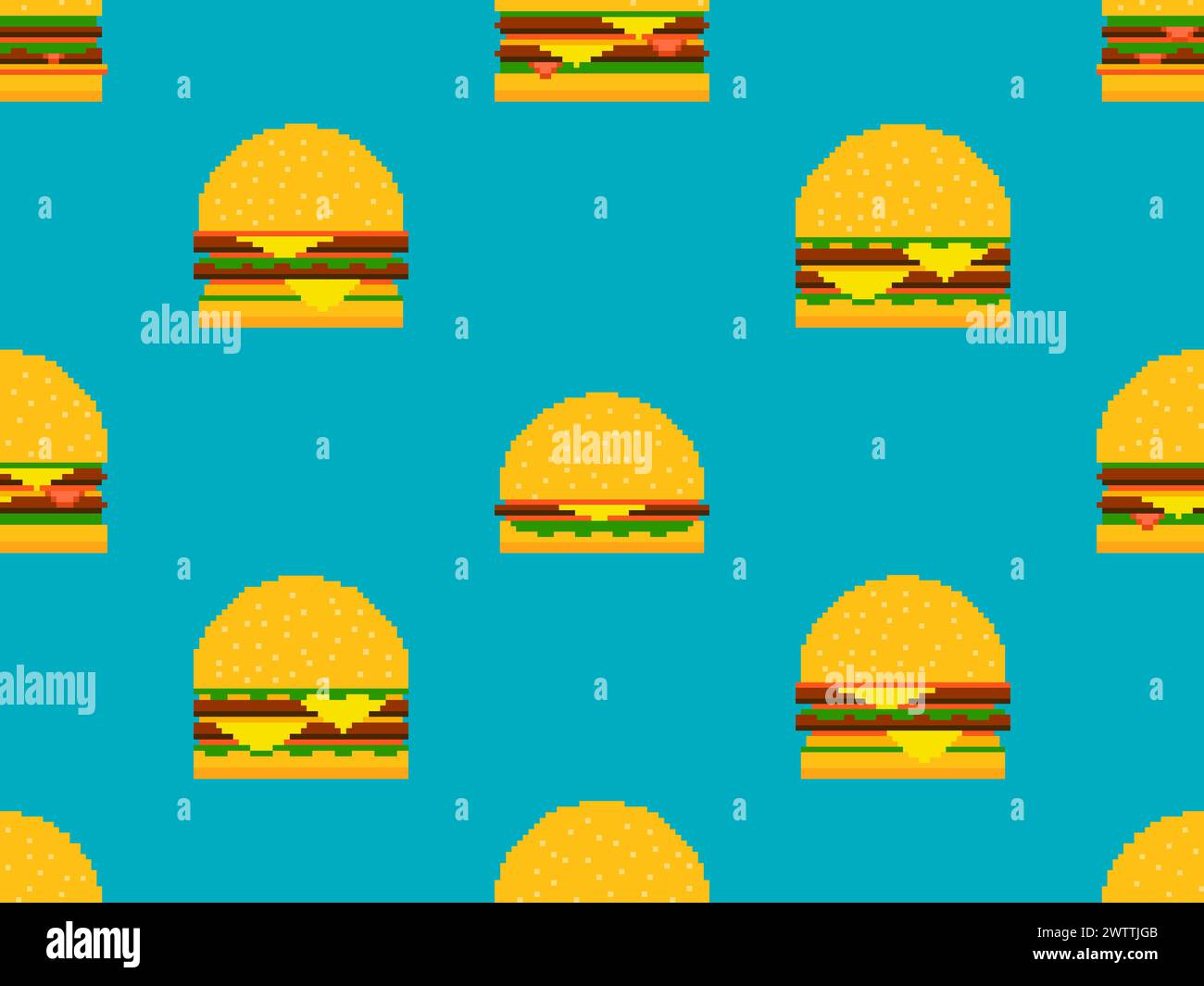 Pattern senza cuciture con hamburger in stile pixel art. Cheeseburger e hamburger con due cotolette e formaggio. fast food a 8 bit in stile retrò da Illustrazione Vettoriale